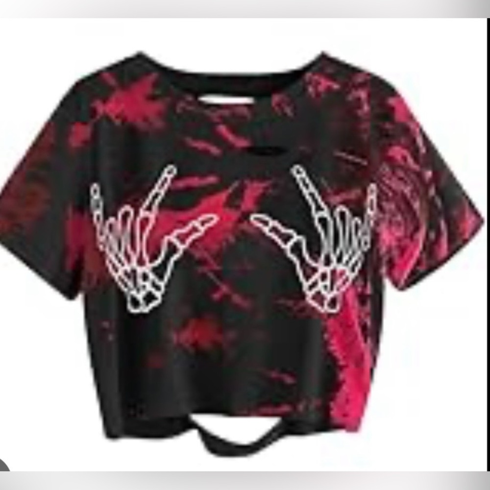 Classic Black and Red Tie-Dye Skeleton Hand Crop Top